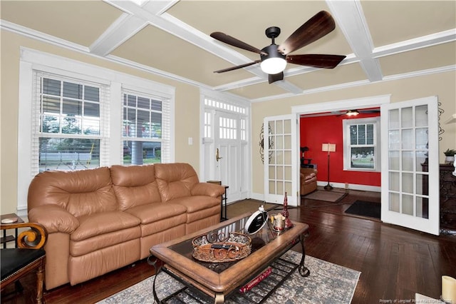 416 N Main St, Raeford, NC 28376 - living area featuring ceiling fan, ornamental molding, hardwood / wood-style floors, coffered ceiling, and french doors