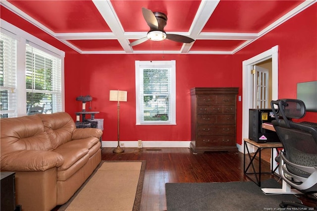 416 N Main St, Raeford, NC 28376 - living area featuring baseboards, coffered ceiling, hardwood / wood-style flooring, and a healthy amount of sunlight