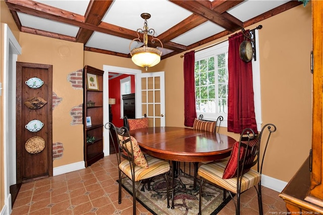 416 N Main St, Raeford, NC 28376 - dining area featuring french doors, baseboards, beamed ceiling, and coffered ceiling