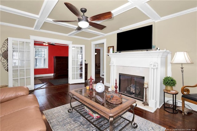 416 N Main St, Raeford, NC 28376 - living room featuring a glass covered fireplace, french doors, ceiling fan, coffered ceiling, and wood finished floors