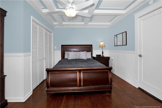 416 N Main St, Raeford, NC 28376 - bedroom with wood finished floors, a wainscoted wall, and coffered ceiling