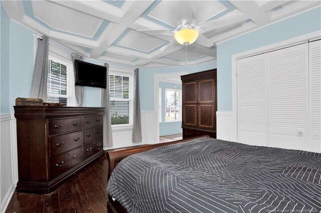 416 N Main St, Raeford, NC 28376 - bedroom with coffered ceiling, a wainscoted wall, beamed ceiling, hardwood / wood-style floors, and ceiling fan