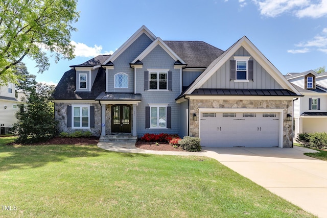 721 Shelley Rd, Raleigh, NC 27609 - craftsman-style home with a front lawn, board and batten siding, driveway, stone siding, and roof with shingles