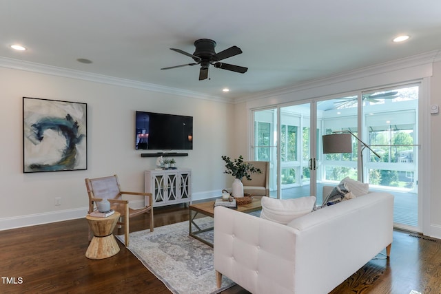 721 Shelley Rd, Raleigh, NC 27609 - living area featuring wood finished floors, visible vents, ornamental molding, baseboards, and ceiling fan