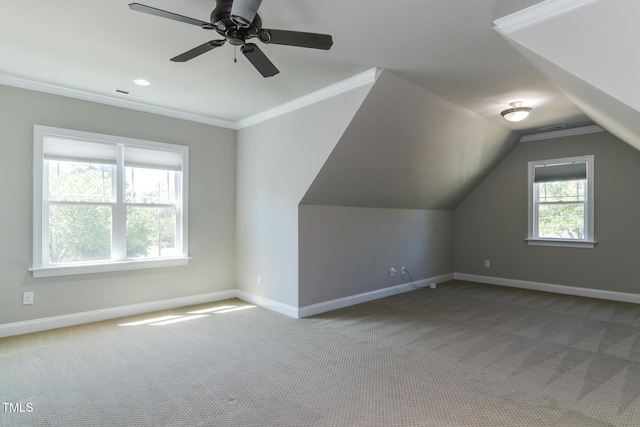 721 Shelley Rd, Raleigh, NC 27609 - bonus room with vaulted ceiling, ceiling fan, baseboards, carpet flooring, and visible vents