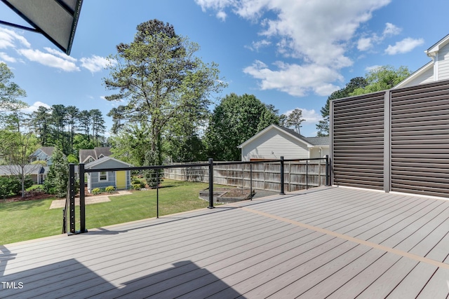 721 Shelley Rd, Raleigh, NC 27609 - wooden terrace featuring a fenced backyard, an outbuilding, and a yard