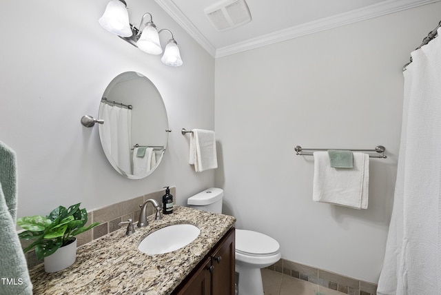bathroom with tile patterned flooring, visible vents, toilet, vanity, and crown molding