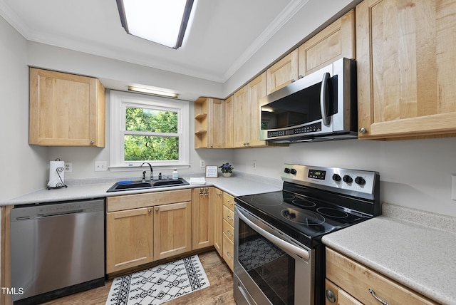 kitchen with light brown cabinets, appliances with stainless steel finishes, a sink, and light wood-style floors