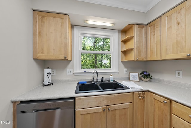 kitchen featuring light brown cabinets, stainless steel dishwasher, and a sink