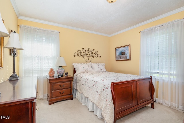 bedroom with light carpet, ornamental molding, and multiple windows