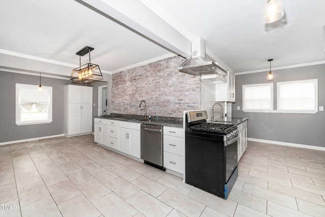 kitchen featuring stainless steel dishwasher, ornamental molding, gas range oven, wall chimney exhaust hood, and backsplash