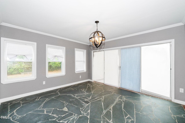 empty room featuring crown molding, marble finish floor, baseboards, and a chandelier