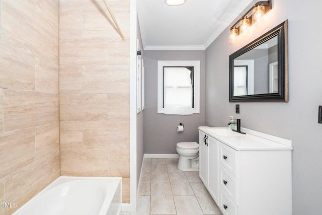 bathroom featuring toilet, baseboards, ornamental molding, and vanity