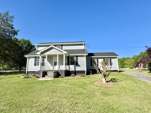 view of front facade with a porch, a front lawn, crawl space, and a shingled roof