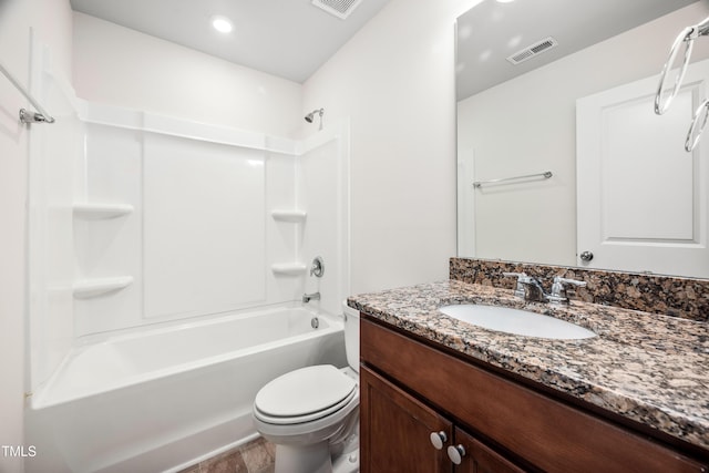 full bathroom with toilet, shower / bath combination, vanity, and visible vents