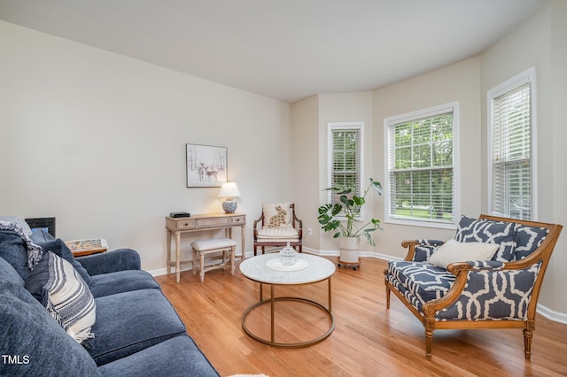 living room featuring wood finished floors and baseboards