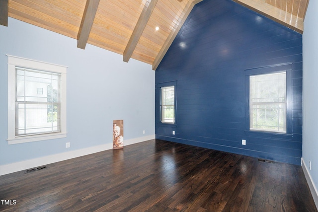spare room with wood ceiling, wood finished floors, beam ceiling, and visible vents