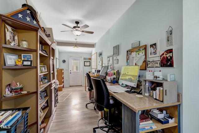 office featuring light wood finished floors and ceiling fan