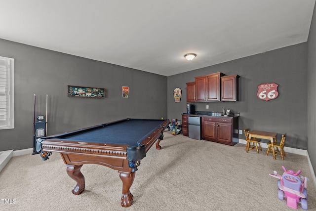 5928 Terrington Ln, Raleigh, NC 27606 - game room featuring billiards, baseboards, carpet flooring, and indoor wet bar