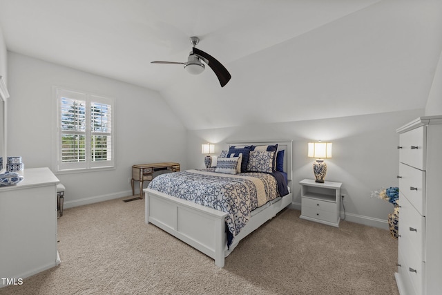 5928 Terrington Ln, Raleigh, NC 27606 - bedroom featuring ceiling fan, light colored carpet, baseboards, and lofted ceiling