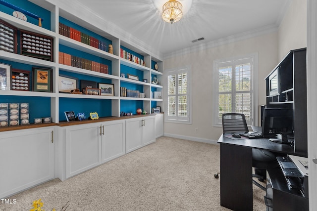 5928 Terrington Ln, Raleigh, NC 27606 - home office with crown molding, visible vents, baseboards, and carpet