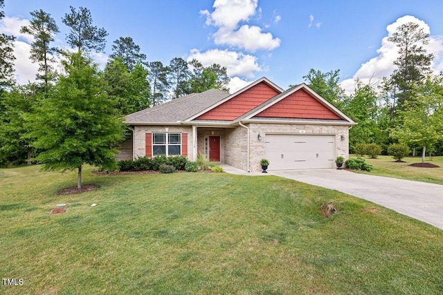 view of front facade featuring concrete driveway, a garage, a front yard, and brick siding