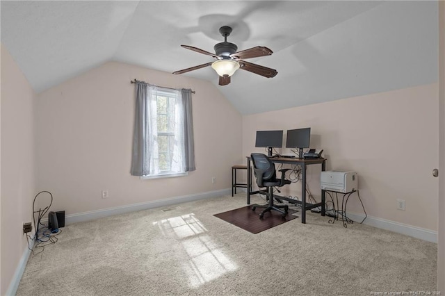 887 Thrush Dr, Vass, NC 28394 - carpeted home office with ceiling fan, vaulted ceiling, and baseboards