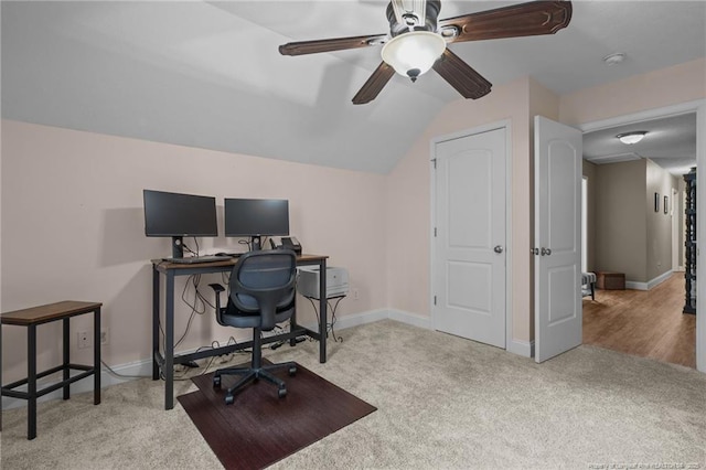 887 Thrush Dr, Vass, NC 28394 - carpeted home office featuring ceiling fan, baseboards, and lofted ceiling