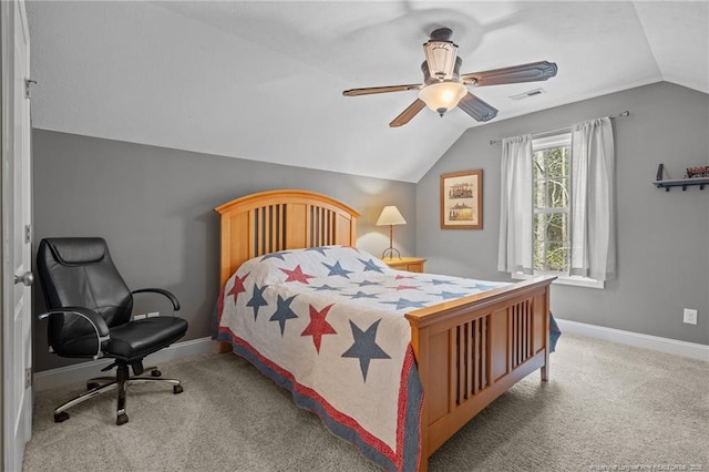 887 Thrush Dr, Vass, NC 28394 - carpeted bedroom featuring baseboards, ceiling fan, vaulted ceiling, and visible vents