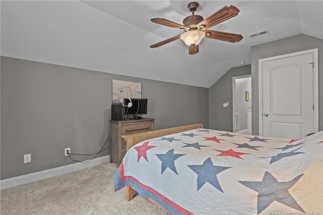 887 Thrush Dr, Vass, NC 28394 - carpeted bedroom featuring baseboards, visible vents, a ceiling fan, and lofted ceiling