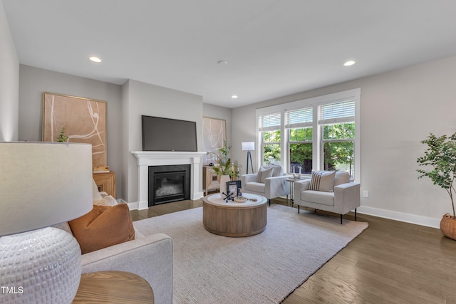 706 Fireball Ct, Knightdale, NC 27545 - living area featuring wood finished floors, baseboards, a glass covered fireplace, and recessed lighting