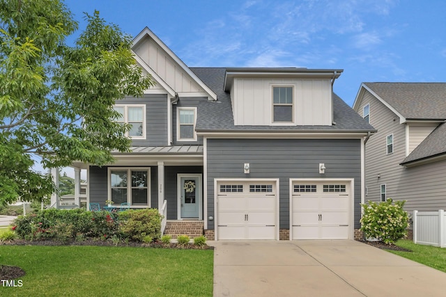 706 Fireball Ct, Knightdale, NC 27545 - craftsman-style home with board and batten siding, driveway, a porch, an attached garage, and a shingled roof