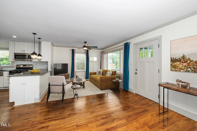 200 Lincoln Ct, Raleigh, NC 27610 - living area featuring plenty of natural light, ornamental molding, dark wood finished floors, ceiling fan, and recessed lighting
