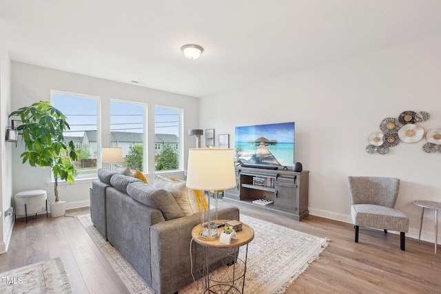 living room featuring baseboards and light wood-type flooring
