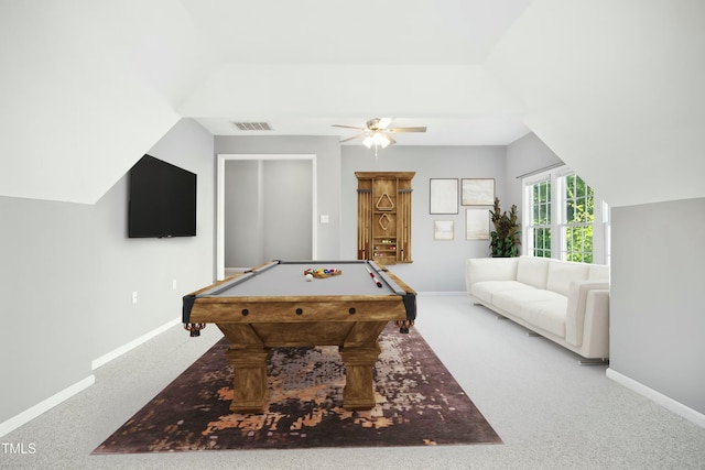 102 Cockleshell Ct, Cary, NC 27513 - rec room with pool table, a ceiling fan, vaulted ceiling, visible vents, and baseboards