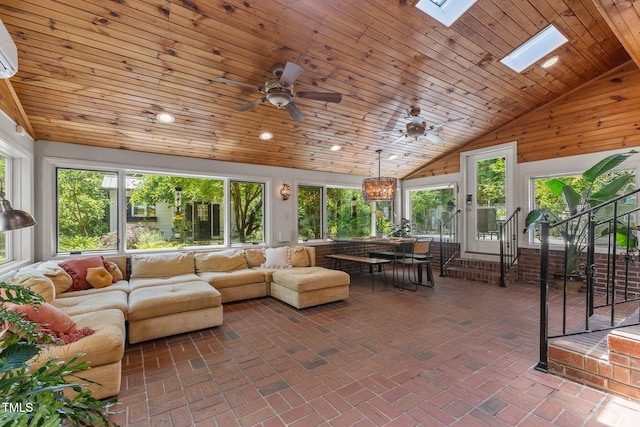 sunroom with lofted ceiling, brick patterned flooring, a skylight, wooden ceiling, and an AC wall unit