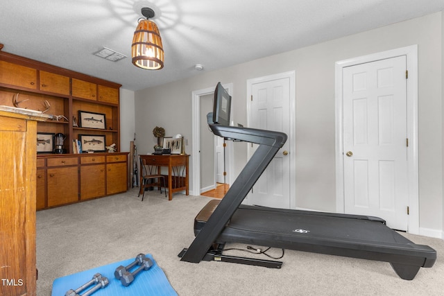 workout room featuring carpet floors