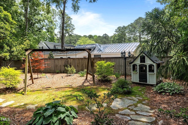 fenced backyard with an outbuilding and a shed