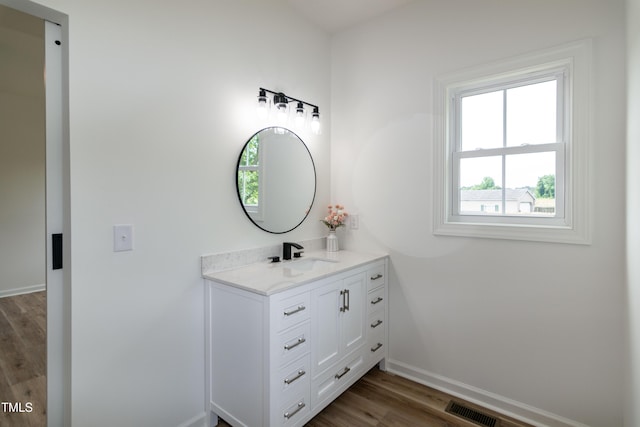 bathroom with baseboards, wood finished floors, and vanity