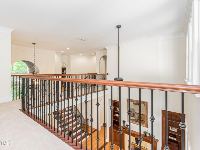540 Vista Del Lago Ln, Wake Forest, NC 27587 - corridor with ornamental molding, an upstairs landing, and recessed lighting