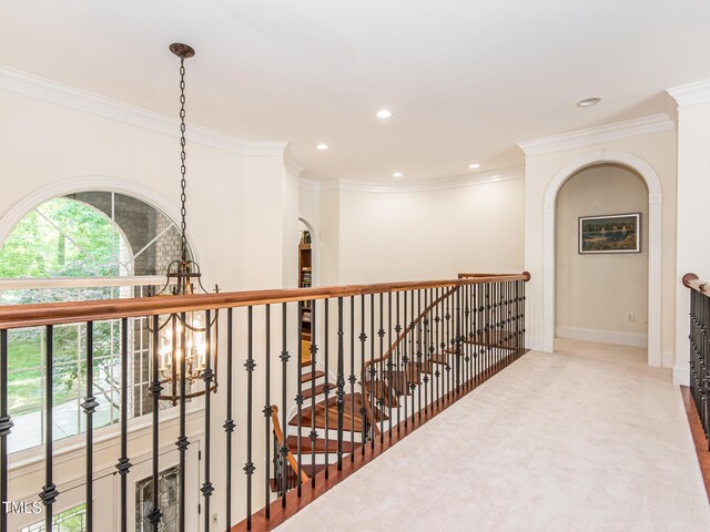 540 Vista Del Lago Ln, Wake Forest, NC 27587 - corridor with a chandelier, an upstairs landing, recessed lighting, crown molding, and baseboards