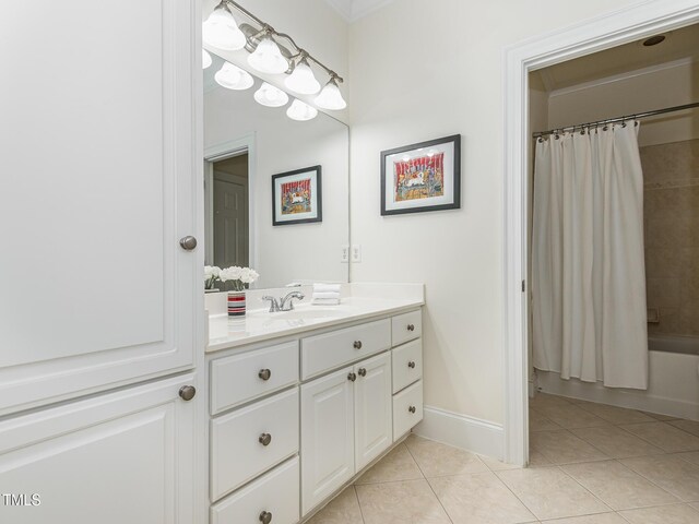 540 Vista Del Lago Ln, Wake Forest, NC 27587 - bathroom featuring vanity, tile patterned floors, shower / bath combination with curtain, and baseboards