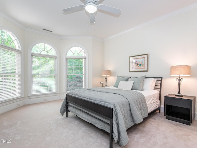 540 Vista Del Lago Ln, Wake Forest, NC 27587 - bedroom featuring carpet floors, crown molding, multiple windows, a ceiling fan, and baseboards