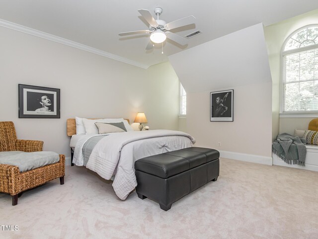 540 Vista Del Lago Ln, Wake Forest, NC 27587 - bedroom with light carpet, ceiling fan, baseboards, ornamental molding, and vaulted ceiling