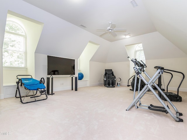 540 Vista Del Lago Ln, Wake Forest, NC 27587 - exercise area with lofted ceiling, carpet floors, a ceiling fan, and baseboards