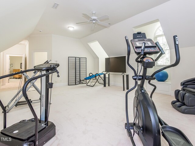 540 Vista Del Lago Ln, Wake Forest, NC 27587 - exercise area with light carpet, lofted ceiling, ceiling fan, and baseboards