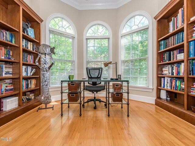 540 Vista Del Lago Ln, Wake Forest, NC 27587 - office featuring crown molding, baseboards, and wood finished floors