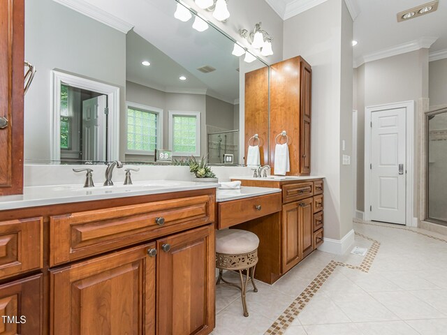 540 Vista Del Lago Ln, Wake Forest, NC 27587 - full bathroom featuring a stall shower, double vanity, tile patterned flooring, crown molding, and recessed lighting