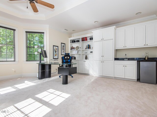 540 Vista Del Lago Ln, Wake Forest, NC 27587 - unfurnished office with light carpet, ornamental molding, a sink, a ceiling fan, and baseboards