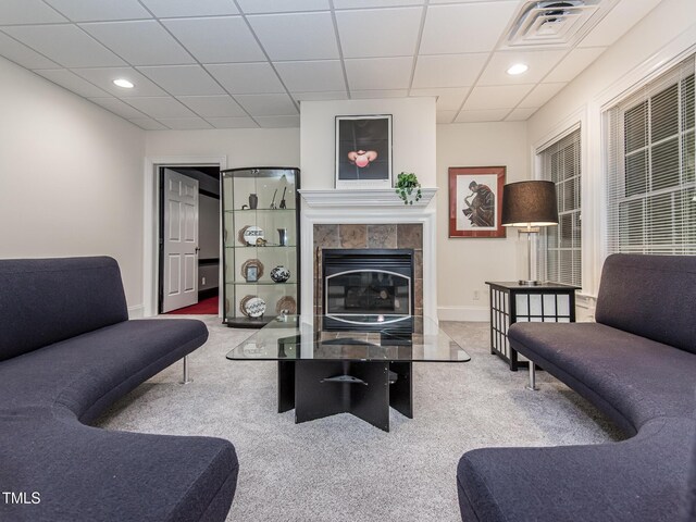 540 Vista Del Lago Ln, Wake Forest, NC 27587 - carpeted living room featuring baseboards, a fireplace, recessed lighting, and a paneled ceiling